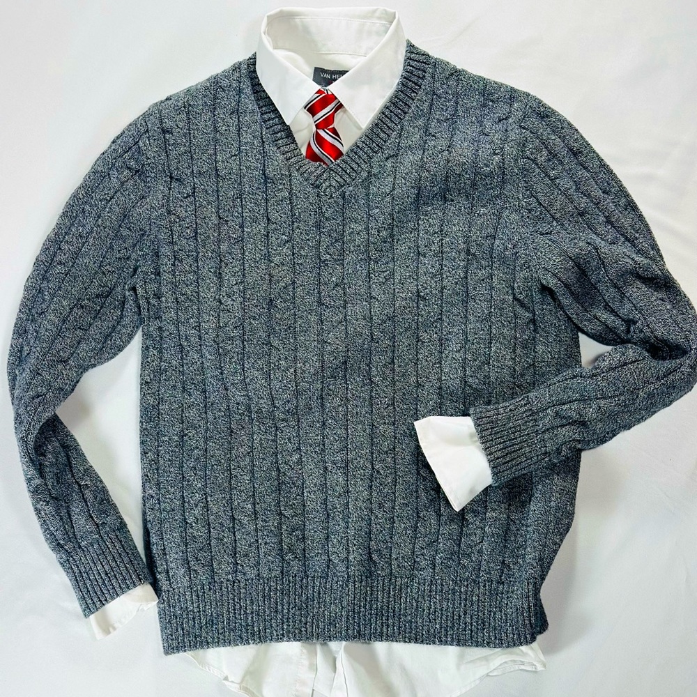 Boys dress shirt, sweater and clip tie.